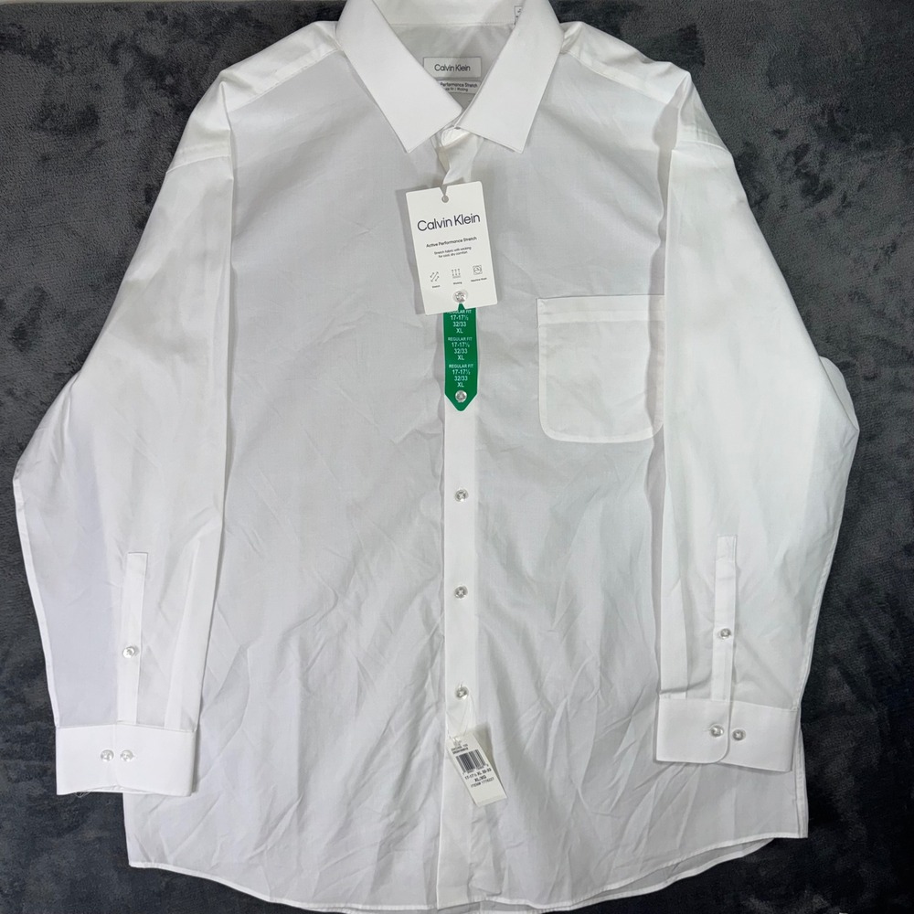 Mens XL Calvin Klein Dress Shirt White New Performance Stretch 17-17.5 32/33 NWT